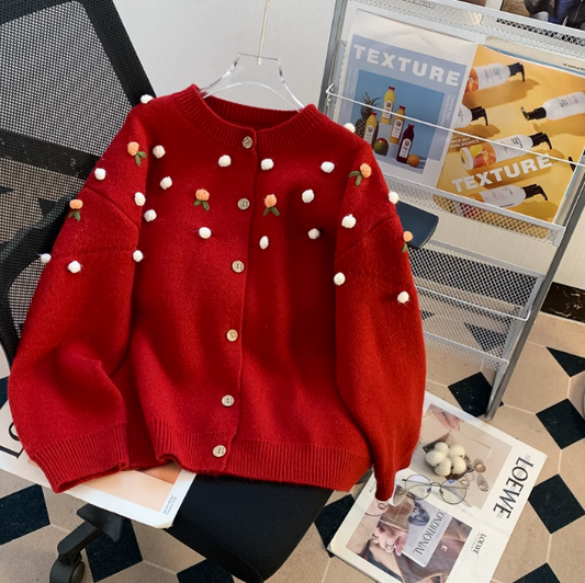 Rote Weihnachtsatmosphäre lose Langarm Strickjacke ED0267