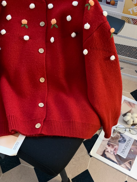 Rote Weihnachtsatmosphäre lose Langarm Strickjacke ED0267