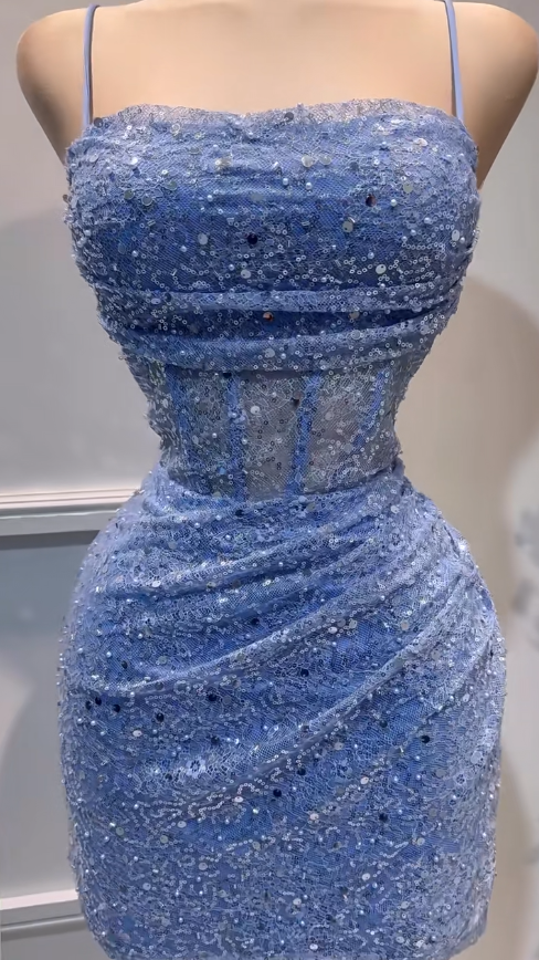 Sexy Glitter Blue Spaghetti Straps Bodycon Tulle Lace Short Prom Dresses Birthday Party Dress with Sequins ED02686