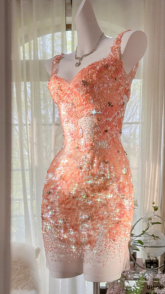 Gorgeous Orange Pink V-Neck A-Line Beaded Short Prom Dresses ED02695