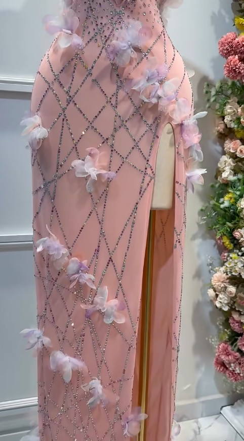 Stunning Pink Strapless Bodycon Chiffon Sequin Long Prom Dresses Formal Evening Gowns with Appliques ED02698