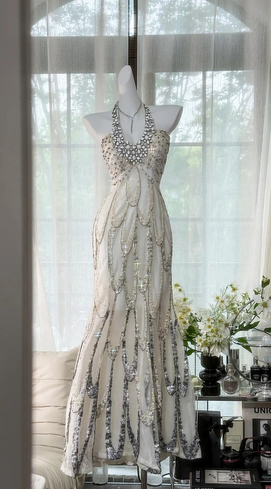 Gorgeous White Halter Neck A-Line Chiffon Sequin Long Prom Dresses Formal Evening Gowns ED02699