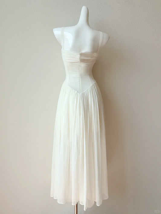 Gentle White Spaghetti Straps A-Line Chiffon Long Prom Dresses Sweet  Evening GownsED02704