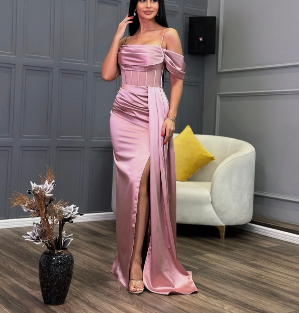 Superbe robe de soirée longue en satin fuchsia, style sirène, sans bretelles, ED02613