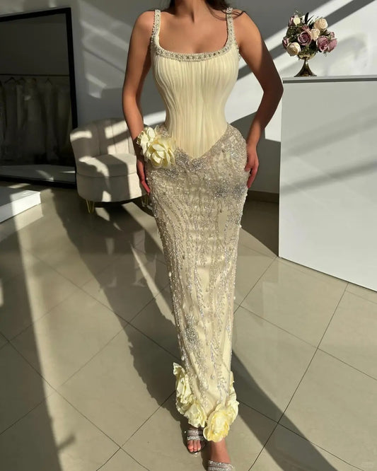 Fashion Butter Yellow Square Neck Sheath Chiffon Beaded Long Prom Dresses Formal Evening Gowns ED02718