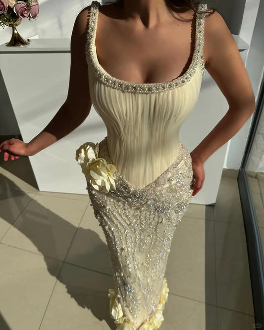 Fashion Butter Yellow Square Neck Sheath Chiffon Beaded Long Prom Dresses Formal Evening Gowns ED02718