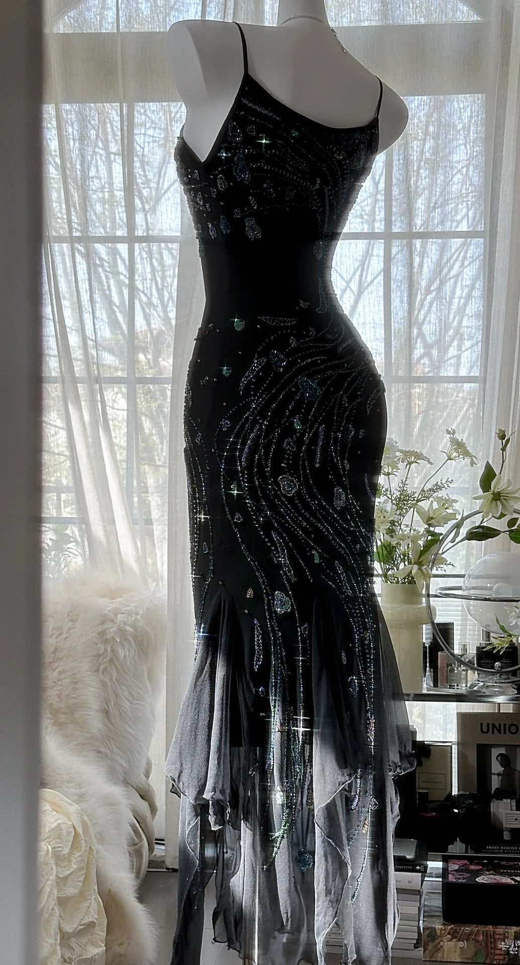 Vintage Black Spaghetti Straps Mermaid Chiffon Beading Prom Dresses Formal Evening Gowns ED02720