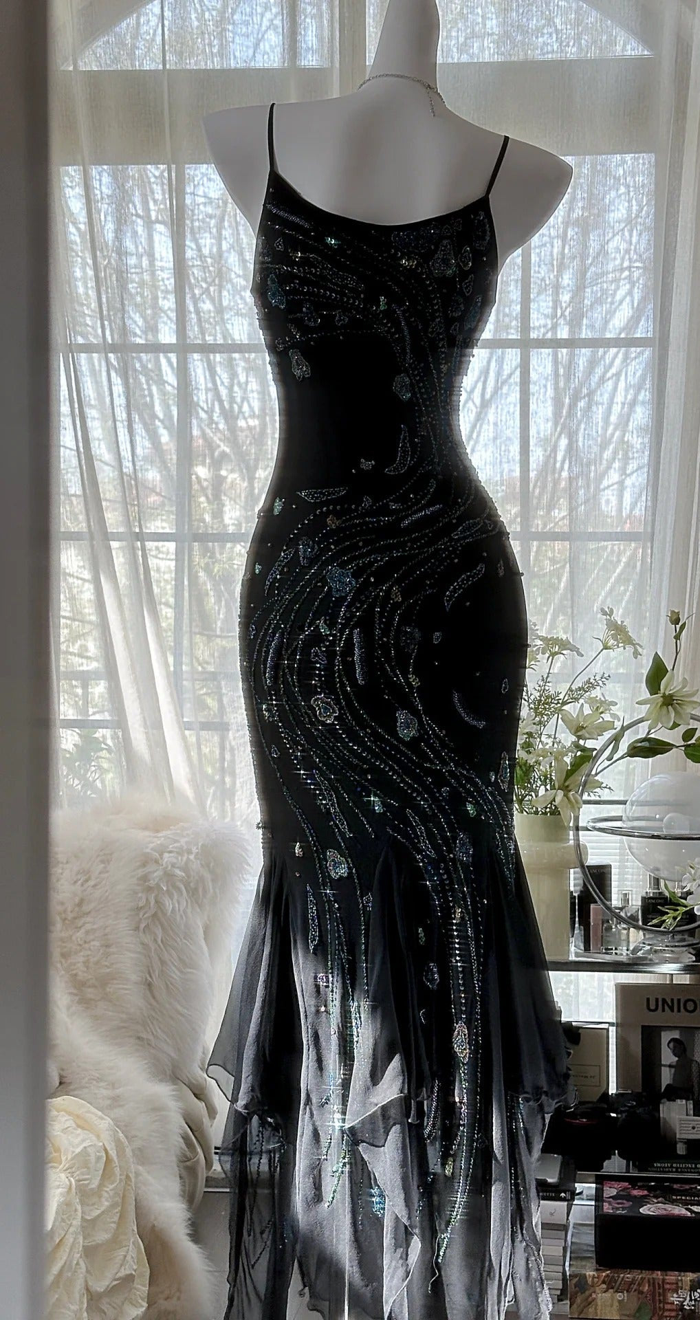 Vintage Black Spaghetti Straps Mermaid Chiffon Beading Prom Dresses Formal Evening Gowns ED02720