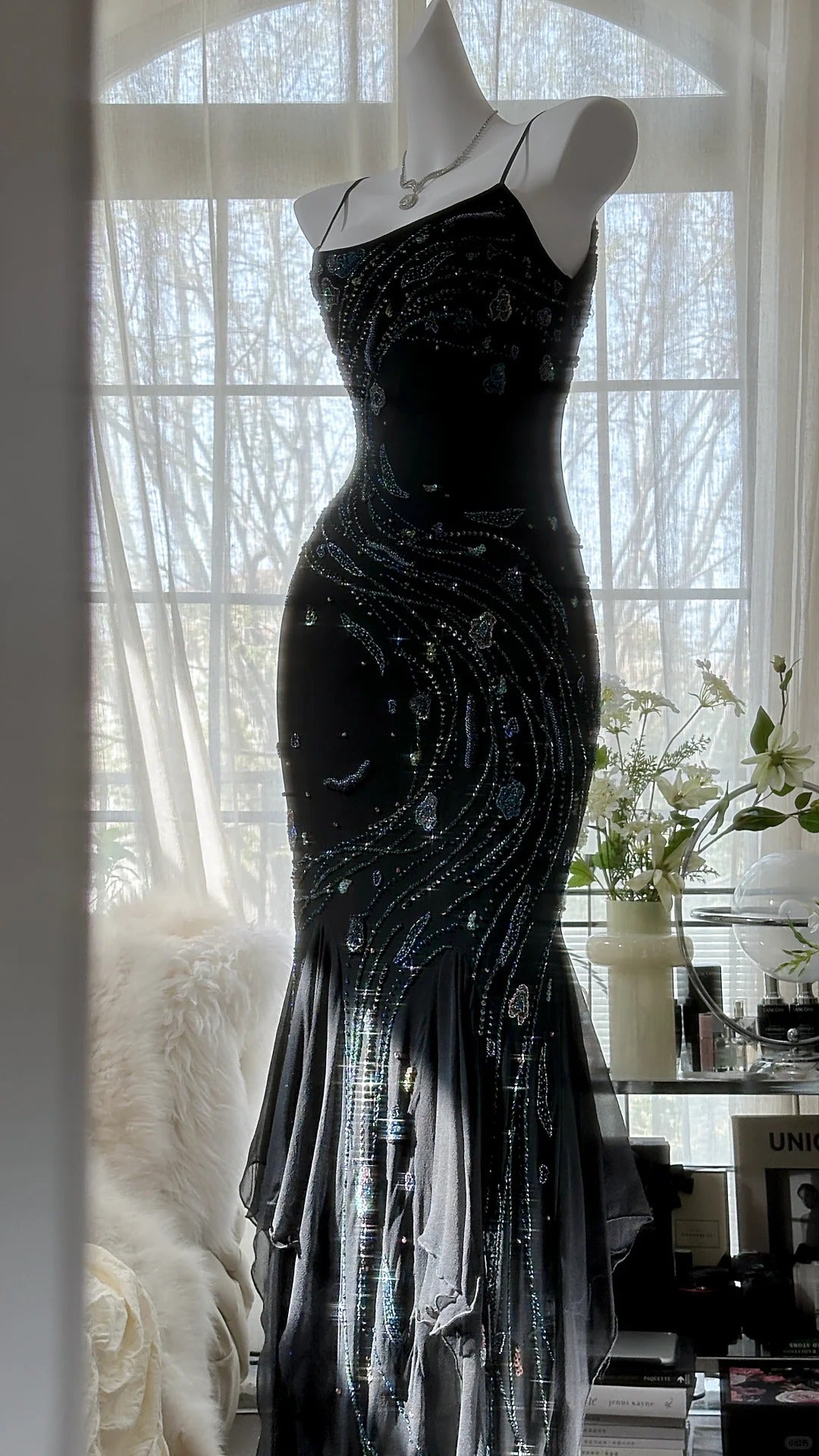 Vintage Black Spaghetti Straps Mermaid Chiffon Beading Prom Dresses Formal Evening Gowns ED02720