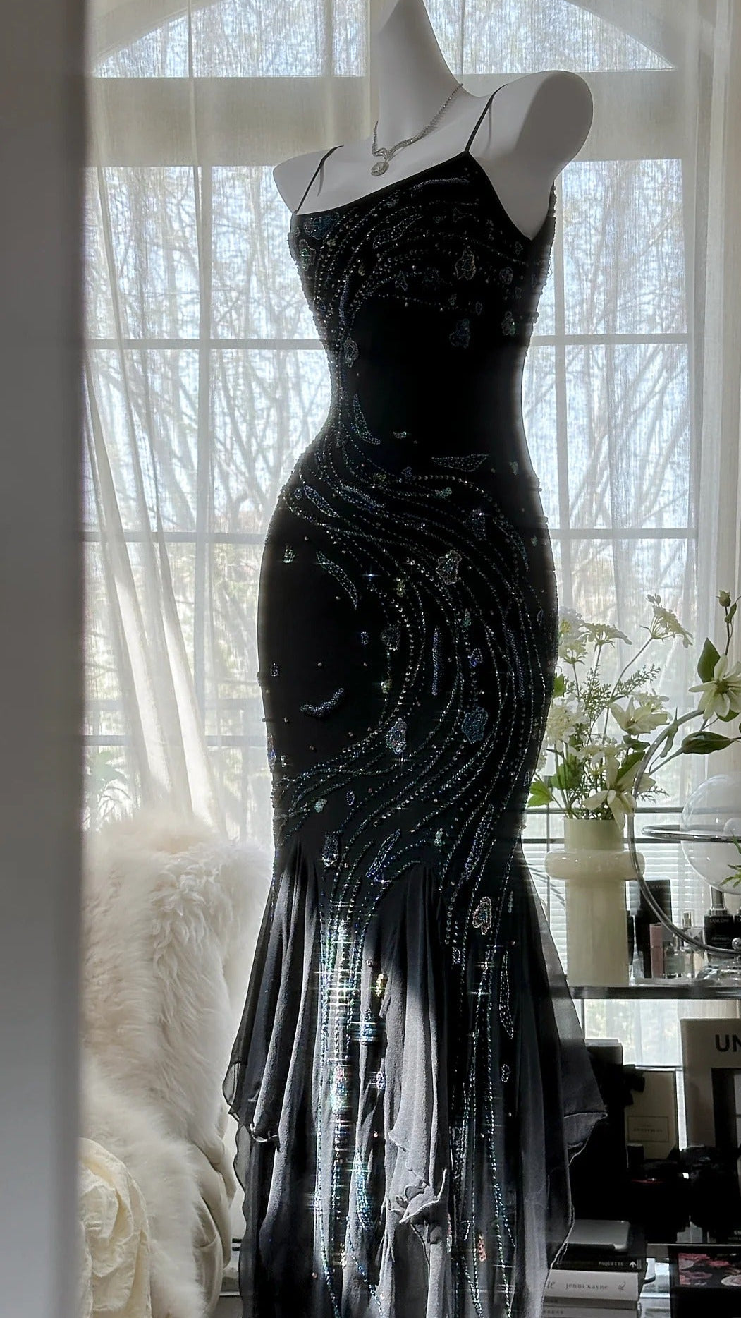 Vintage Black Spaghetti Straps Mermaid Chiffon Beading Prom Dresses Formal Evening Gowns ED02720