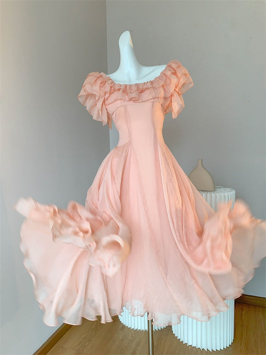 Chic Orange Pink Off-Shoulder A-Line Chiffon Party Dresses ED02724