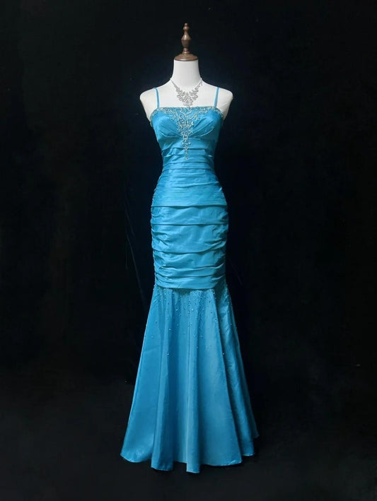 Gorgeous Blue Spaghetti Straps Mermaid Taffeta Long Prom Dresses Formal Evening Gowns with Beading ED02727