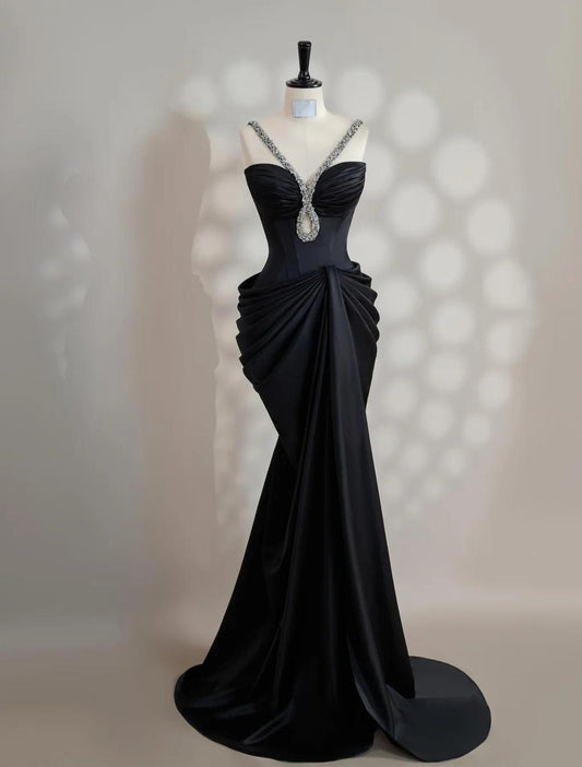 Elegant Black V-neck Mermaid Satin Long Prom Dresses Formal Evening Gowns ED02729
