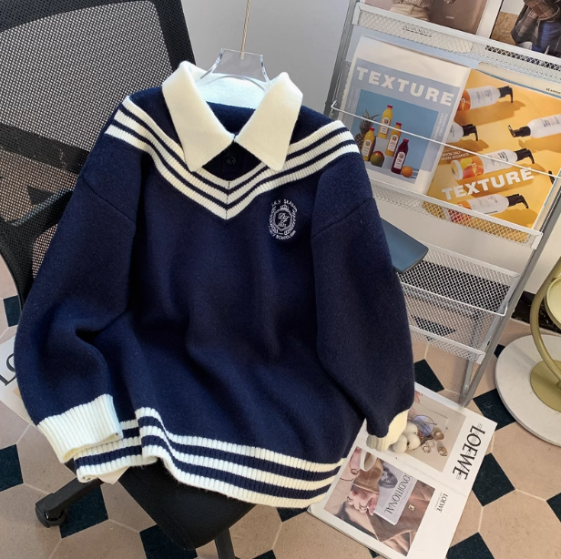 Preppy-Stil gefälschte zweiteilige Rollkragen Damen Langarm Pullover ED0272