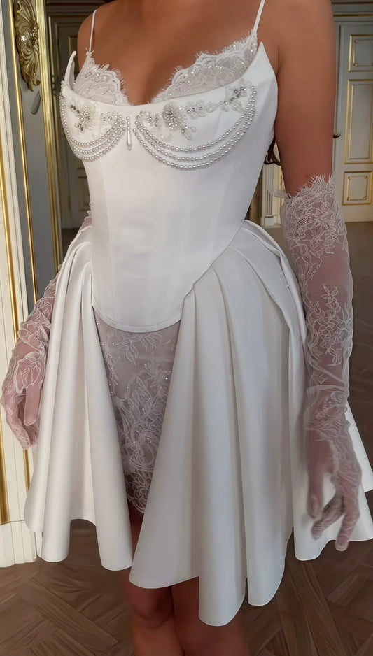 Stunning White Spaghetti Straps A-Line Satin Lace Short Wedding Dresses Homecoming Dresses with Pearls ED02736