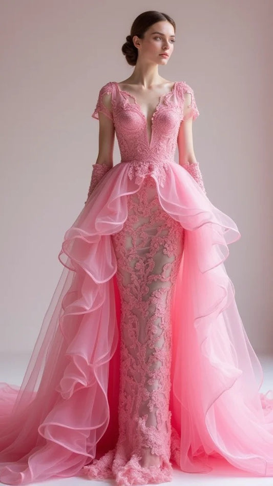 Gorgeous Pink V Neck Sheath Tulle Long Prom Dresses Wedding Dresses Lace Appliques Formal Evening Dresses ED02737