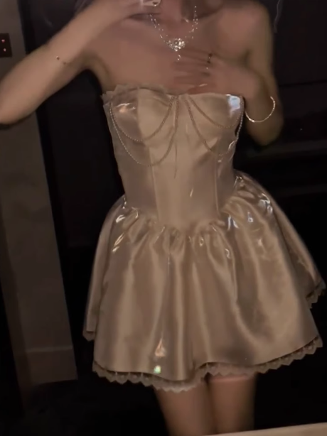 Gorgeous White Strapless A-Line Satin Short Prom Dresses Homecoming Dresses with Pearls ED02740