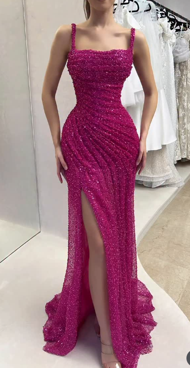 Gorgeous Fuchsia Square Neck Mermaid Sequin Long Prom Dresses Formal Evening Gowns with Slits ED02749