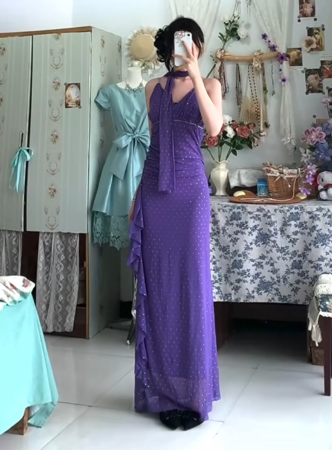 Vintage Purple Spaghetti Straps Sheath Chiffon Ruffle Party Dress Y2K Formal Evening Gowns ED02755