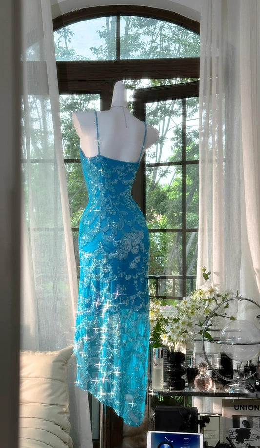Gorgeous Blue Spaghetti Straps Sheath Chiffon Sequin Long Prom Dresses Elegant Formal Evening Gowns ED02757
