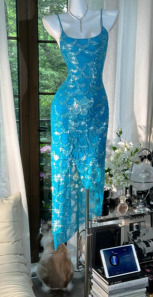 Gorgeous Blue Spaghetti Straps Sheath Chiffon Sequin Long Prom Dresses Elegant Formal Evening Gowns ED02757