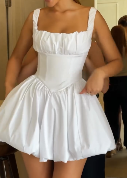 Simple White Square Neck A-Line Satin Homecoming Dresses Elegant Short Prom Dresses ED02772