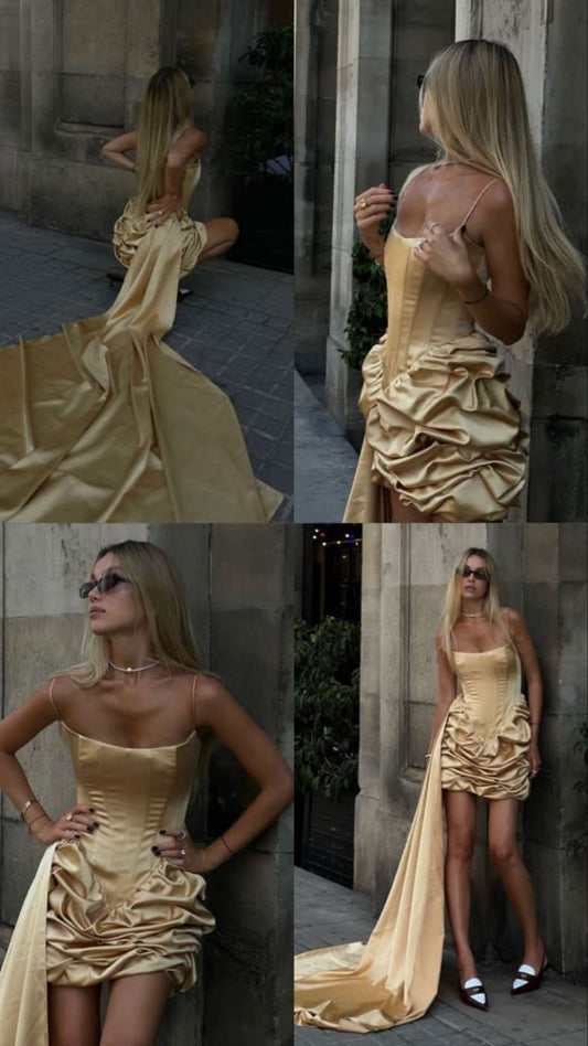 Glam Yellow Spaghetti Straps Sheath Satin Short Prom Dresses Homecoming Dresses ED02783