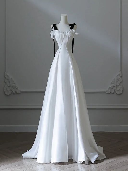 A-Line Satin White Long Prom Dress, White Long Formal Dress ED028