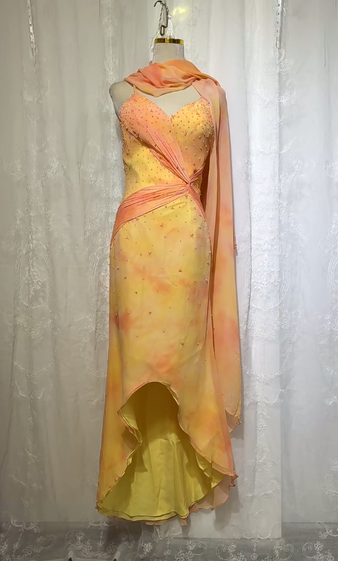 Gorgeous Yellow Spaghetti Straps Sheath Beaded Chiffon Long Prom Dresses Formal Evening Gowns with Open Back ED02813