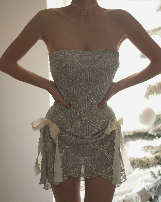 Sweet Silver Strapless Boycon Tulle Beaded Short Prom Dresses Homecoming Dresses ED02827