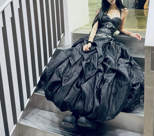 Elegant Black Strapless A-Line Satin Long Prom Dresses Formal Evening Gowns ED02832