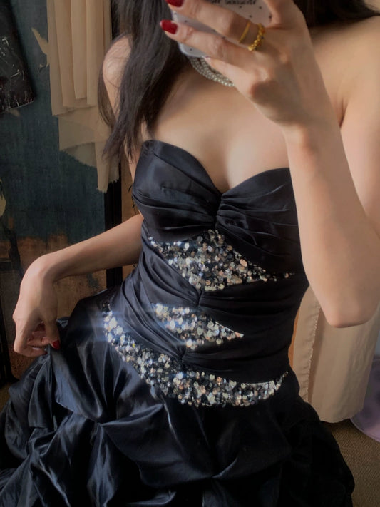 Elegant Black Strapless A-Line Satin Long Prom Dresses Formal Evening Gowns ED02832