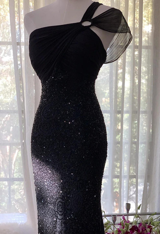 Elegant Black One Shoulder Mermaid Chiffon Long Prom Dresses Formal Evening Gowns with Beading ED02835