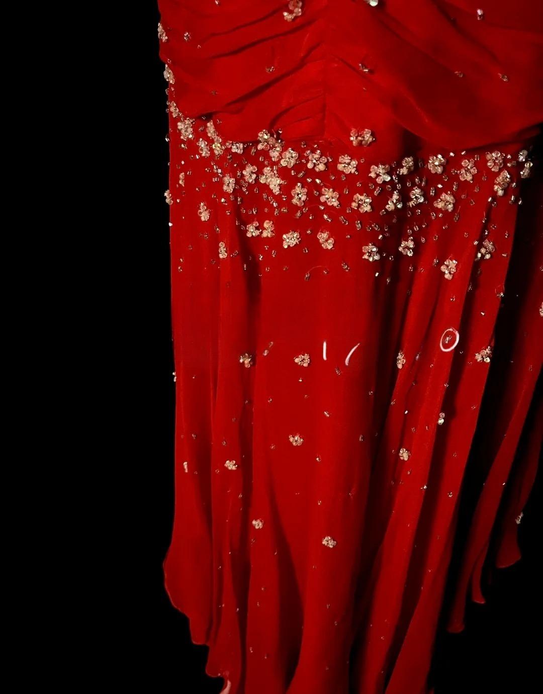 Stunning Red Spaghetti Straps Mermaid Chiffon Long Prom Dresses Vintage Evening Gowns with Beading ED02837