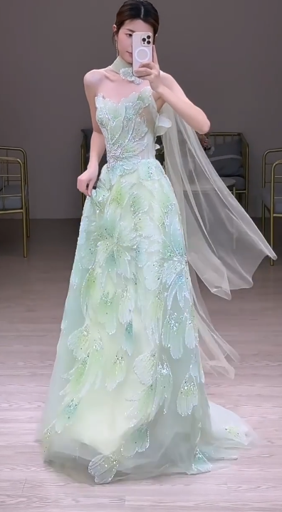 Fairytale Strapless Green A-Line Birthday Dress Tulle Long Prom Dresses Elegant Evening Gowns with Beading ED02839
