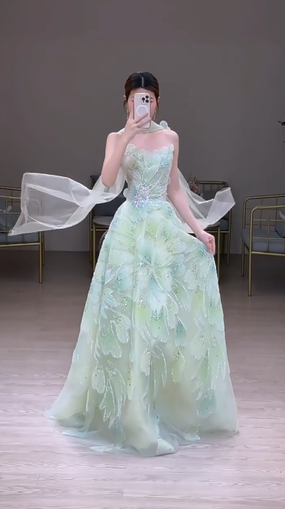 Fairytale Strapless Green A-Line Birthday Dress Tulle Long Prom Dresses Elegant Evening Gowns with Beading ED02839