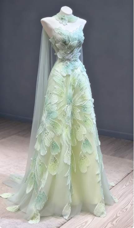 Fairytale Strapless Green A-Line Birthday Dress Tulle Long Prom Dresses Elegant Evening Gowns with Beading ED02839