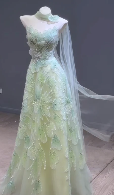 Fairytale Strapless Green A-Line Birthday Dress Tulle Long Prom Dresses Elegant Evening Gowns with Beading ED02839