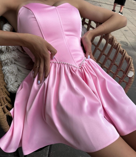 Fashion Pink Strapless A-Line Satin Short Prom Dresses Homecoming Dresses ED02841