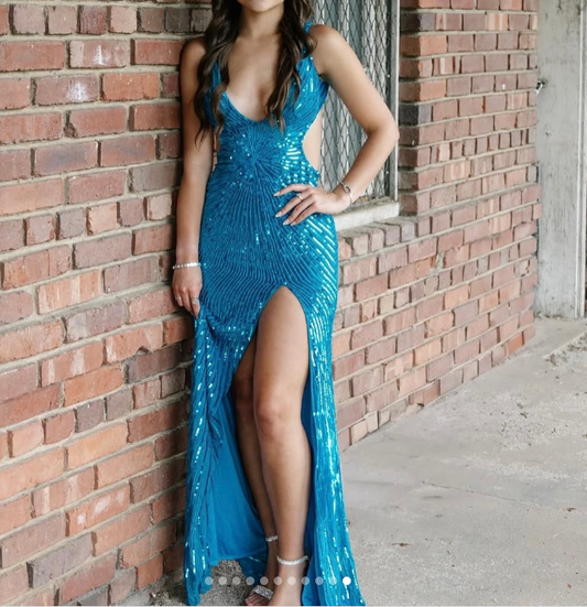 Elegant Blue V-neck Sheath Sequins Long Prom Dresses Formal Backless Evening Gowns with Slits ED02846