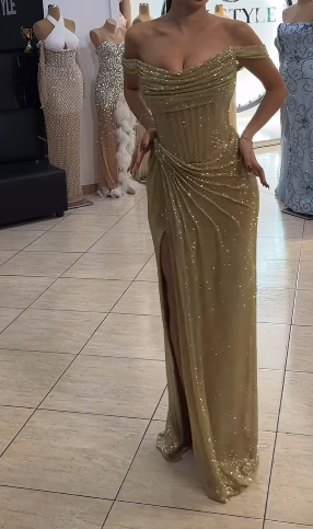 Gorgeous Grey Blue Off Shoulder Sheath Glitter Satin Long Prom Dresses Formal Evening Gowns with Slits ED02848