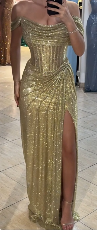 Gorgeous Grey Blue Off Shoulder Sheath Glitter Satin Long Prom Dresses Formal Evening Gowns with Slits ED02848