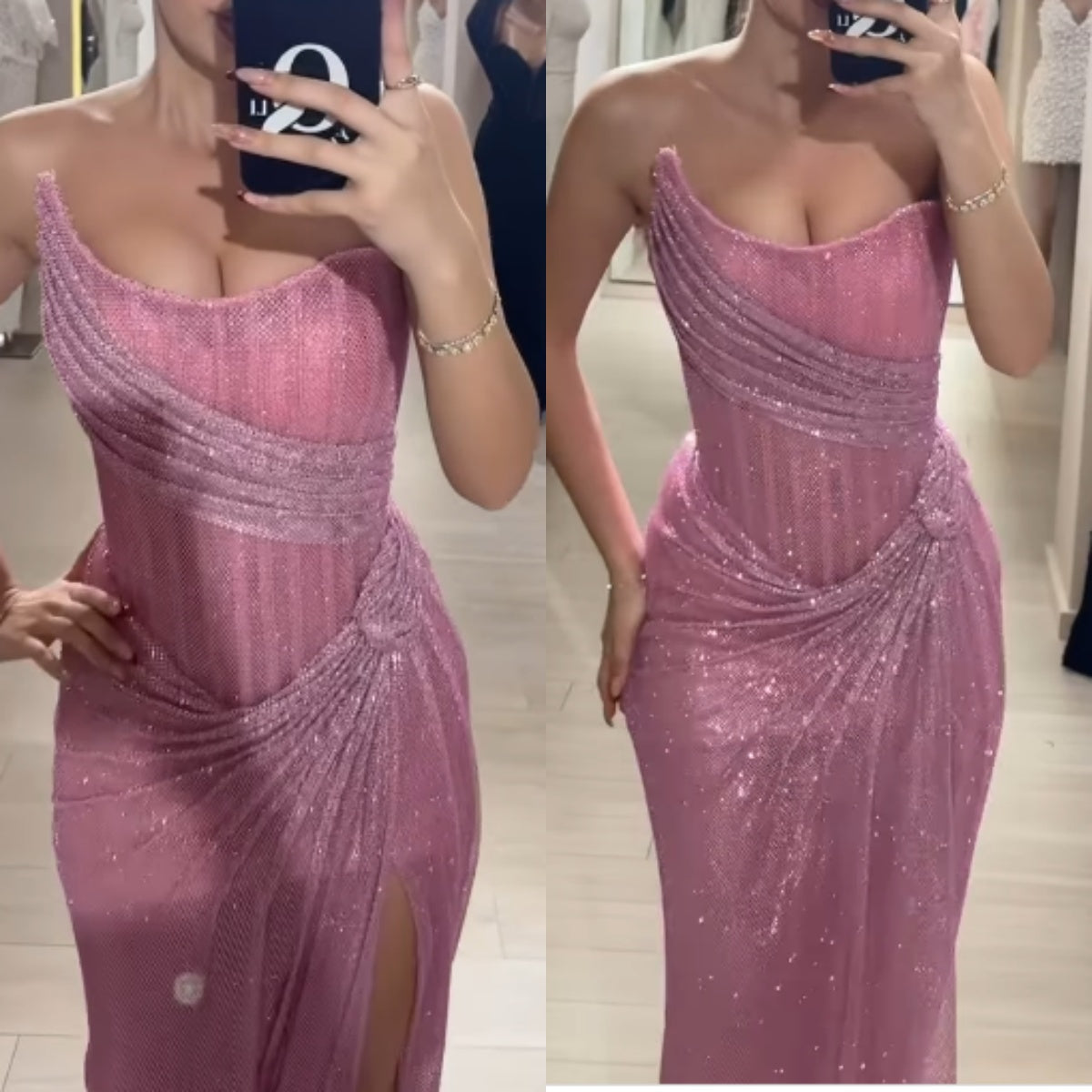 Stunning Pink Strapless Sheath Glitter Sequins Long Prom Dresses Formal Evening Gowns with Slits ED02849