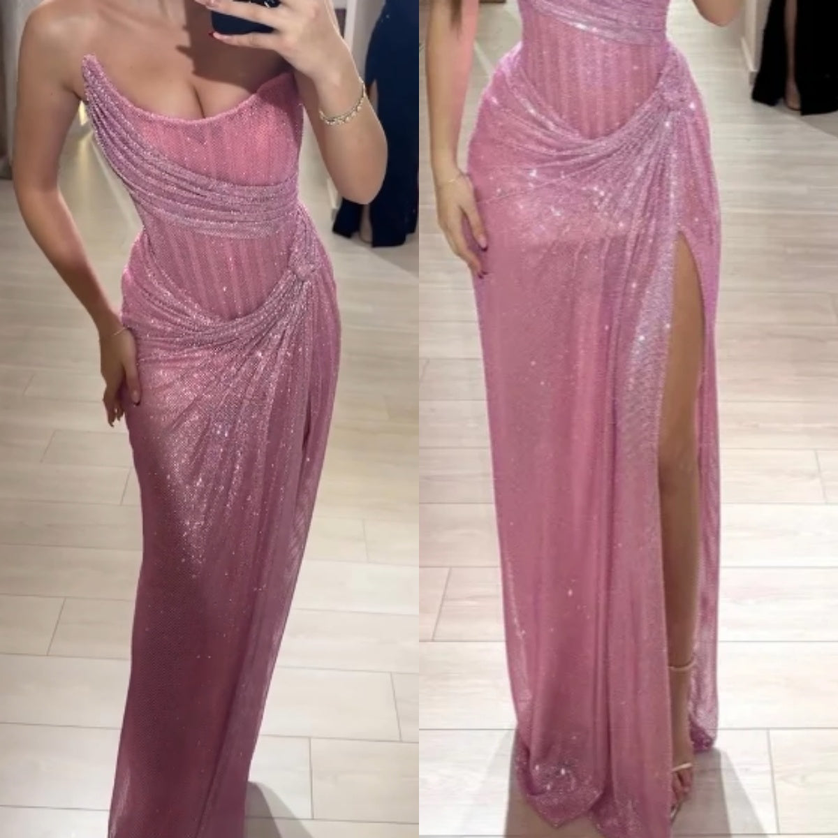 Stunning Pink Strapless Sheath Glitter Sequins Long Prom Dresses Formal Evening Gowns with Slits ED02849