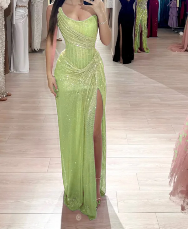 Stunning Pink Strapless Sheath Glitter Sequins Long Prom Dresses Formal Evening Gowns with Slits ED02849