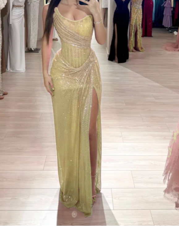 Stunning Pink Strapless Sheath Glitter Sequins Long Prom Dresses Formal Evening Gowns with Slits ED02849