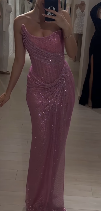 Stunning Pink Strapless Sheath Glitter Sequins Long Prom Dresses Formal Evening Gowns with Slits