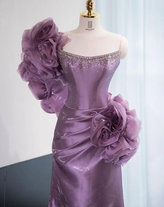 Superbe robe de soirée longue en satin fuchsia, style sirène, sans bretelles, ED02613
