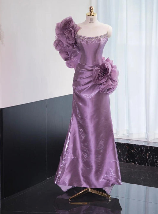 Superbe robe de soirée longue en satin fuchsia, style sirène, sans bretelles, ED02613