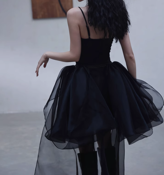 Fashion Black Spaghetti Straps A-Line Tulle Hi-Lo Prom Dresses Birthday Party Dresses ED02881